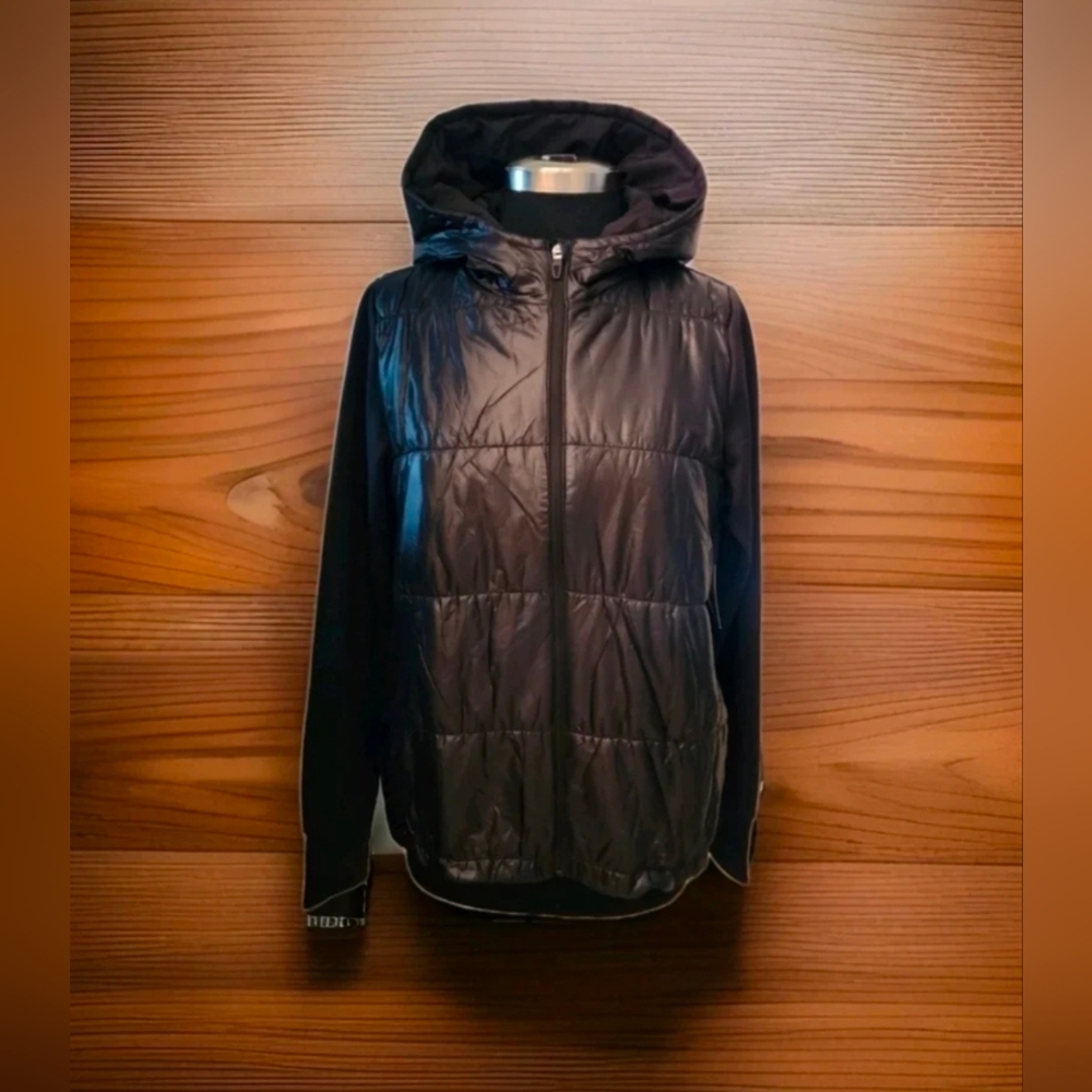 Womens Avia Black Quilted Jogger Athletic Light weight Coat Jacket Hooded LARGE